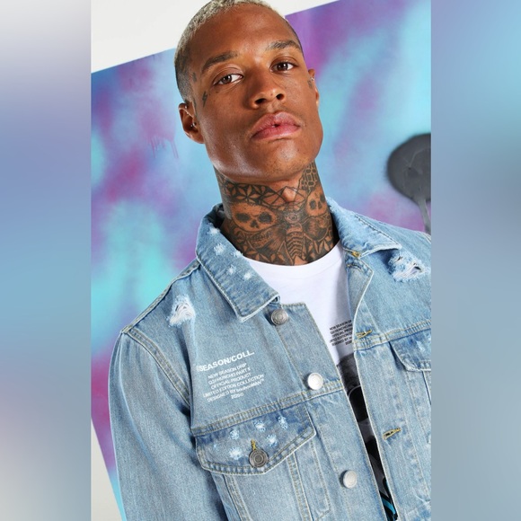 BOOHOO MAN QUAVO SKULL AND FLAME DENIM JACKET - Picture 3 of 7